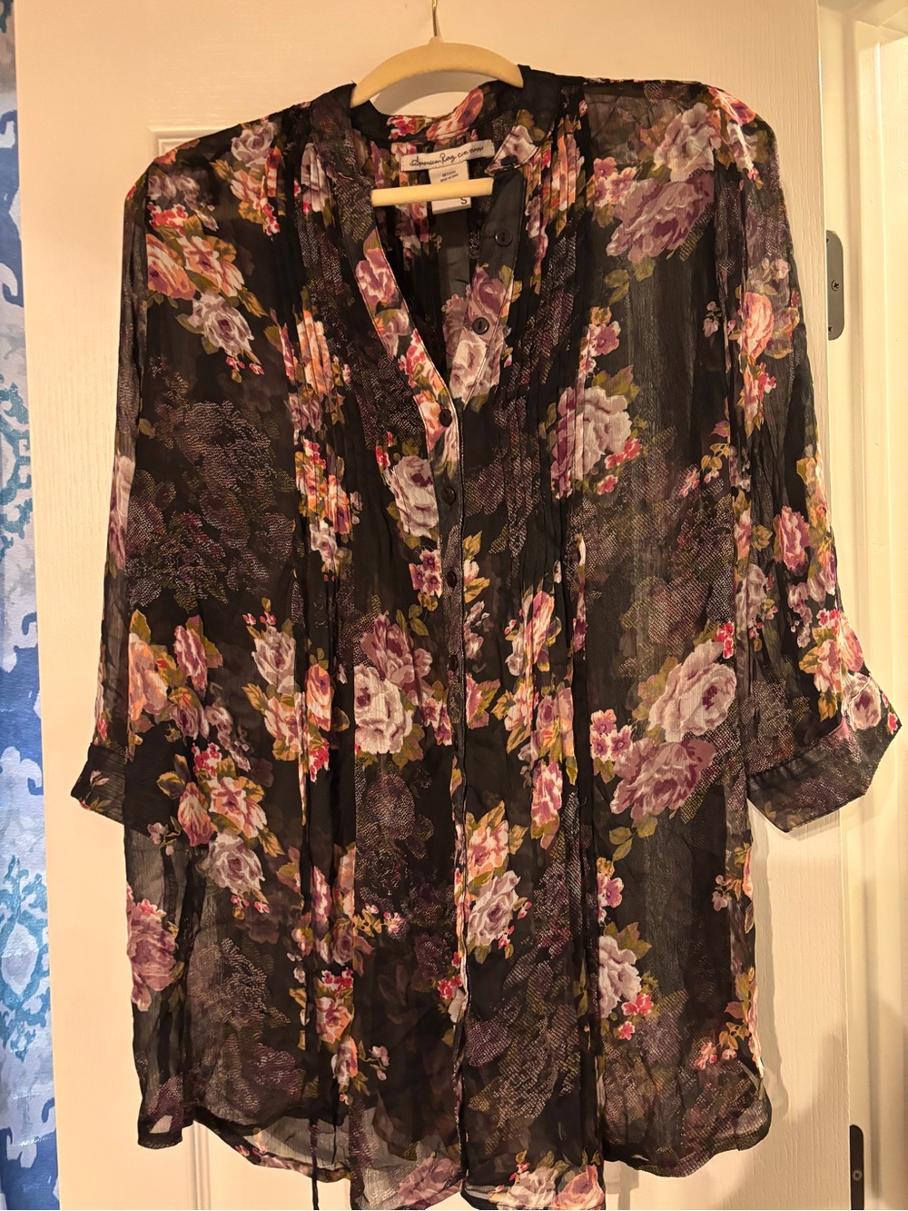 American Rag Black Sheer Floral Button-Front Blouse